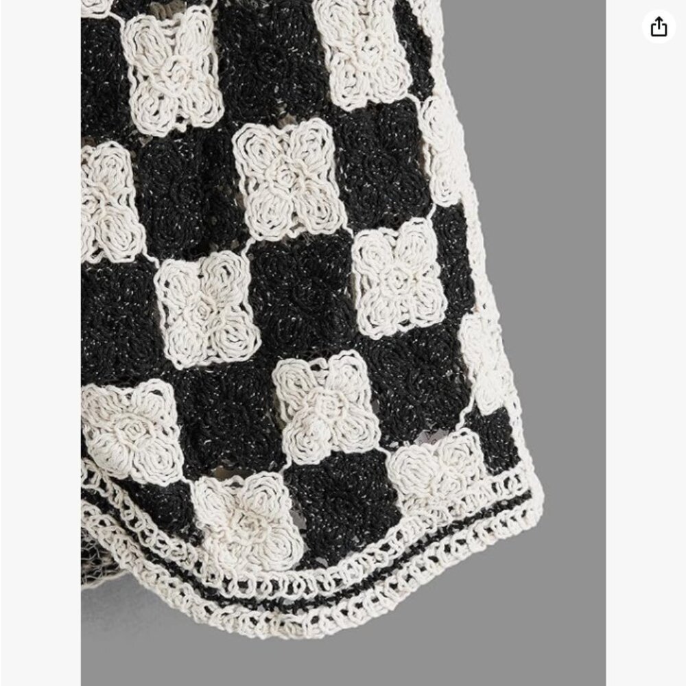 Button Front V Neck Sleeveless Crochet Plaid Checkered Knit Sweater Vest - Picture 6 of 7